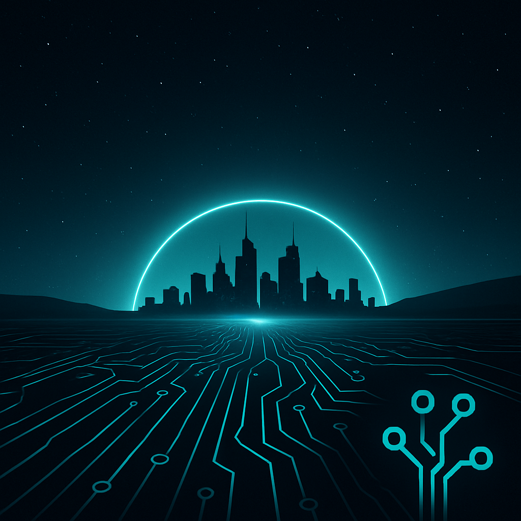 Digital cityscape with circuit board foreground
